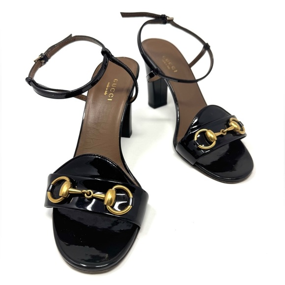 Gucci Horsebit Black Patent Leather Platform Sandals – Ankle Strap Peep Toe 7.5 - Picture 3 of 11